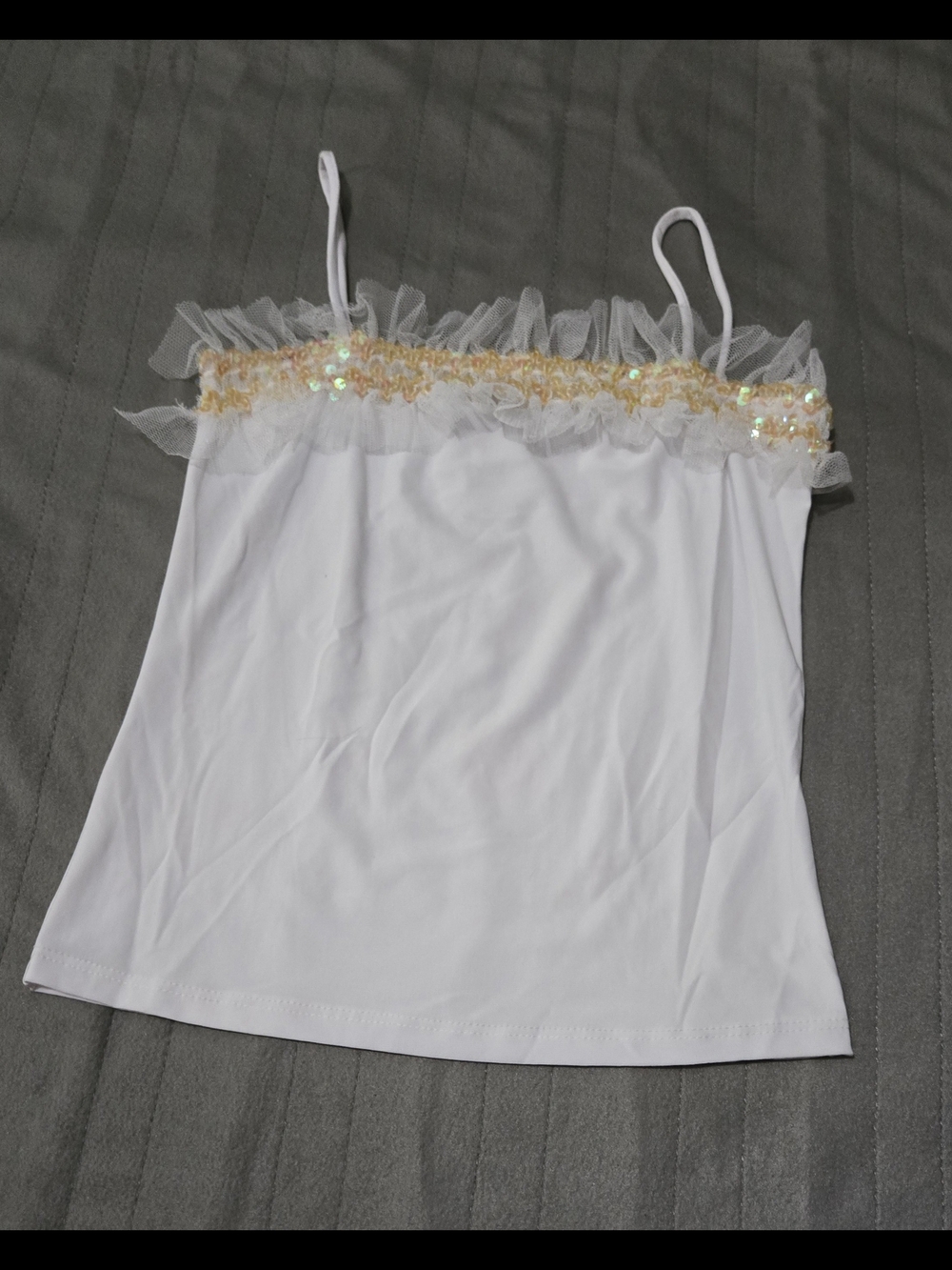 White Spaghetti Strap Tank with Gold Sequin Trim
